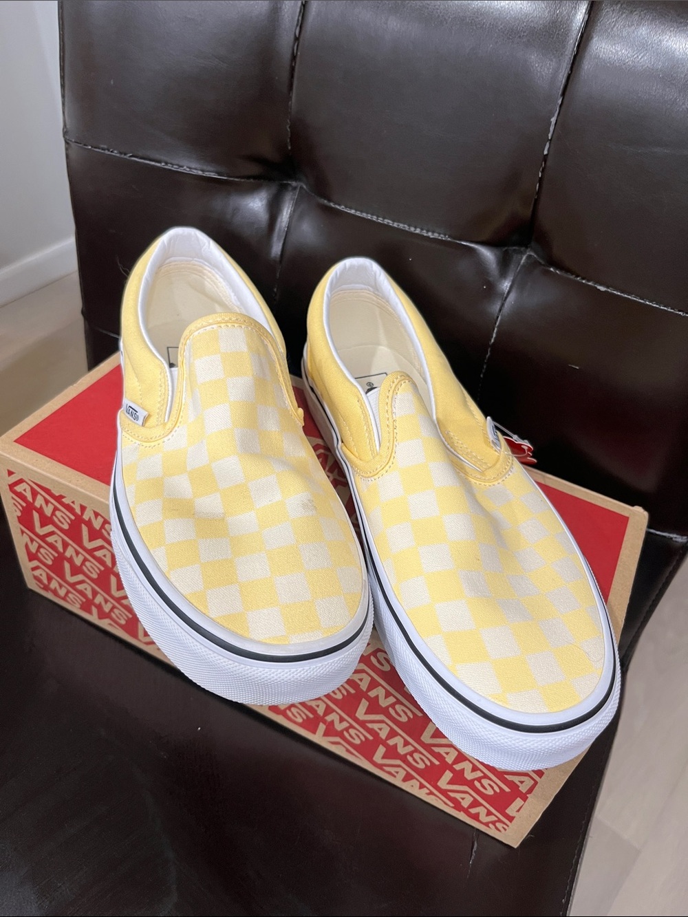 Vans Women’s Yellow and White Checkerboard Slip-On Sneakers